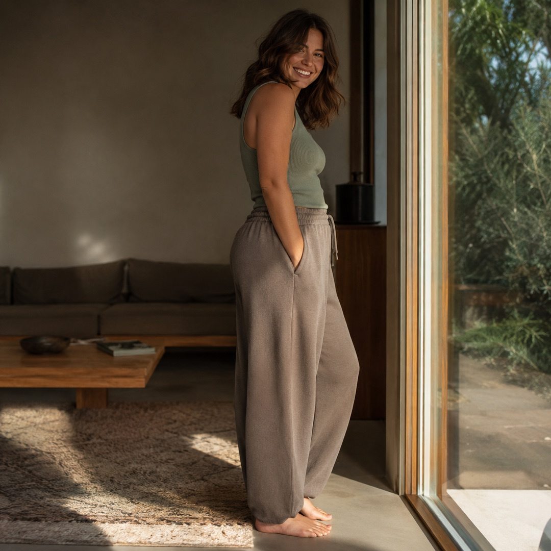 Fernhaugh tapered sweat trouser — Sweat Sets by MOUDEST. worn by a model, side view.